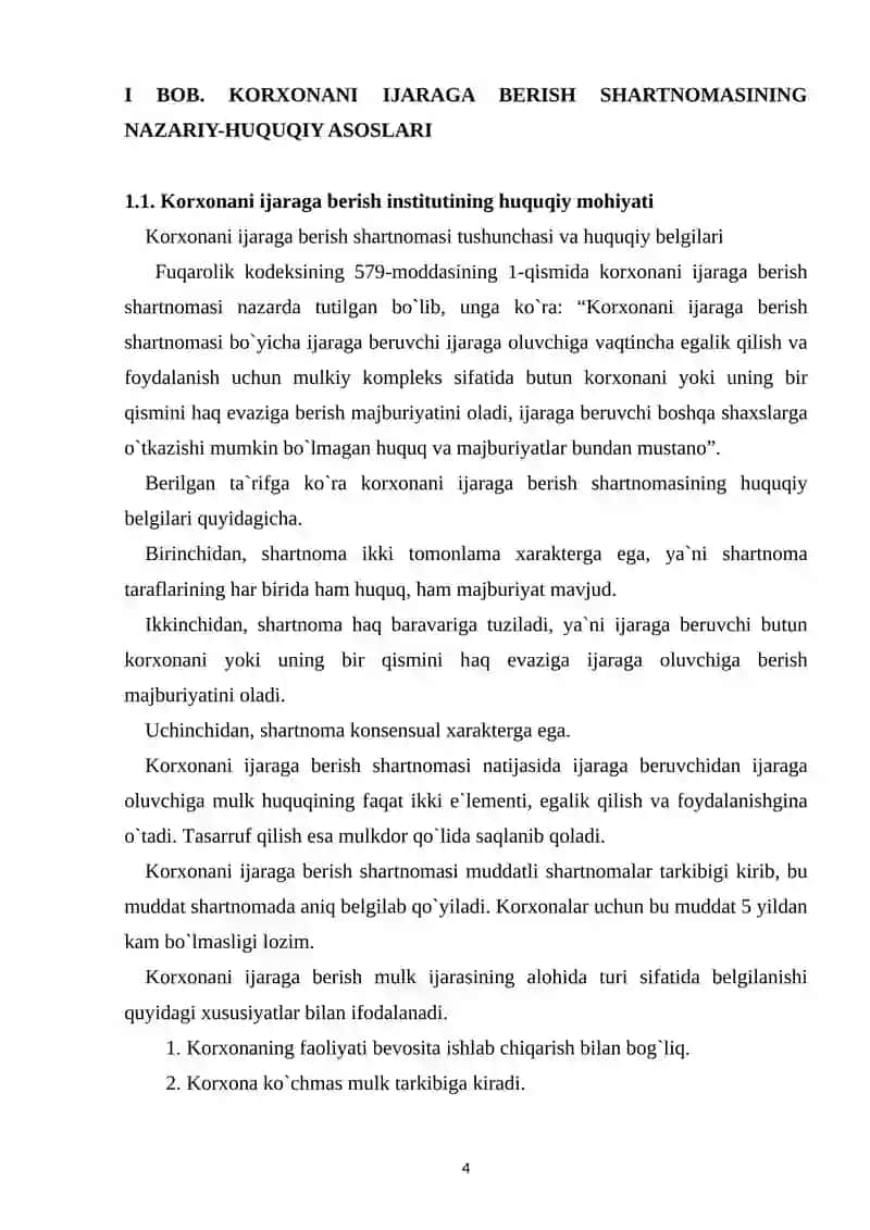 KORXONANI IJARAGA BERISH SHARTNOMASINING FUQAROLIK HUQUQIY XUSUSIYATLARI 4