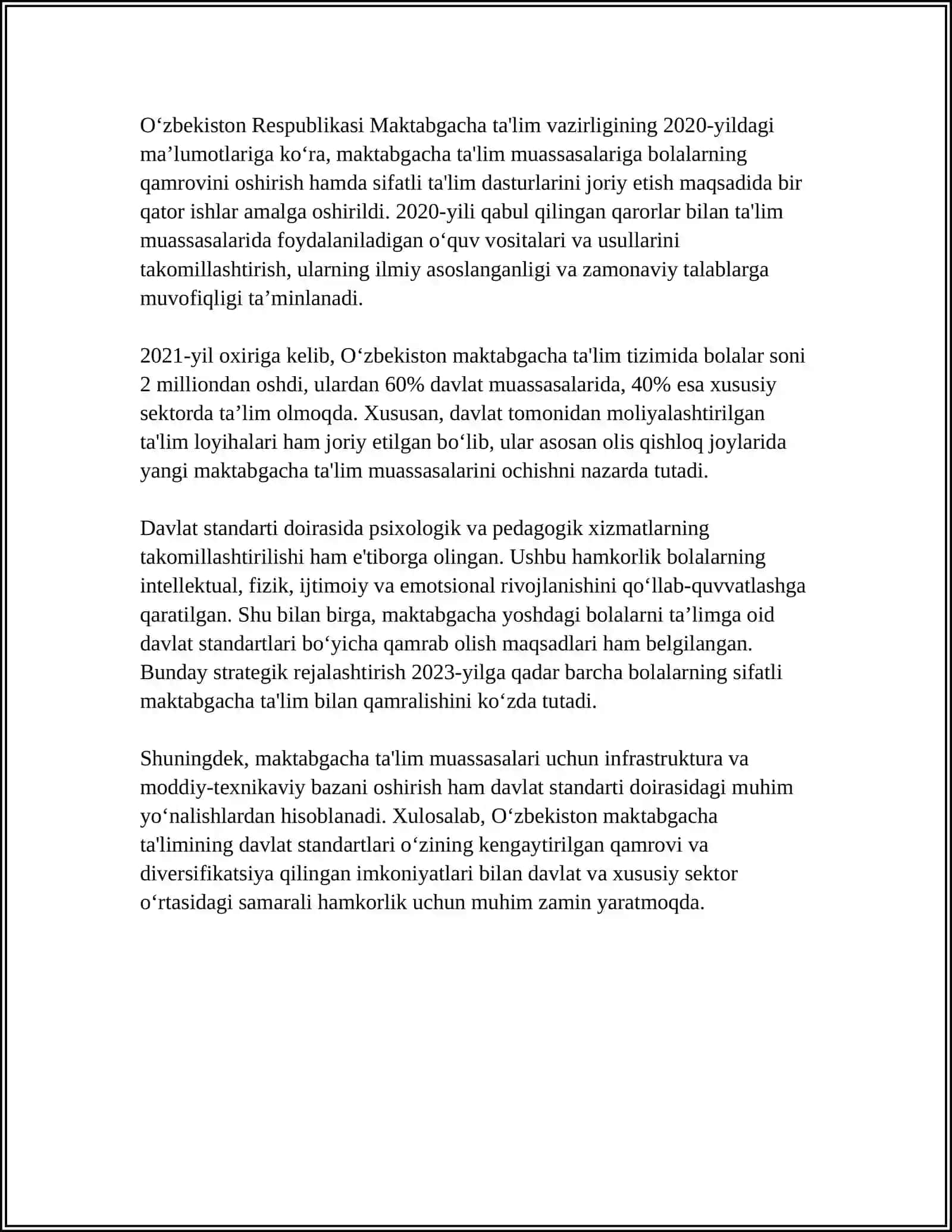 MAKTABGACHA TA'LIM VA TARBIYA STANDARTI VA UNDAGI RIVOJLANTIRUVCHI MUHITNING TASHKIL ETILISHI 4