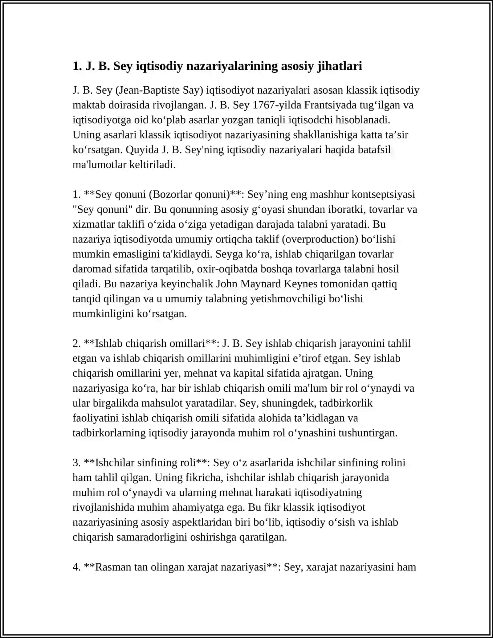 J. B.SEY UNING METODOLOGIYASI, QIYMATINING TAHLILI ISHLAB CHIQARISHNING UCH OMILI VA KAPITAPNING QIYMATI UNUMDORLIGI HAQIDA GʻOYALAR 4