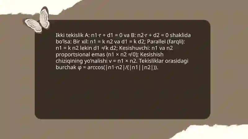Tekislikning o'zaro joylashishi. Ikki tekislik orasidagi burchak. Tekislikning o'zaro paralellik va perpendikulyarlik shartlari. Tekisliklar dastasi. 4