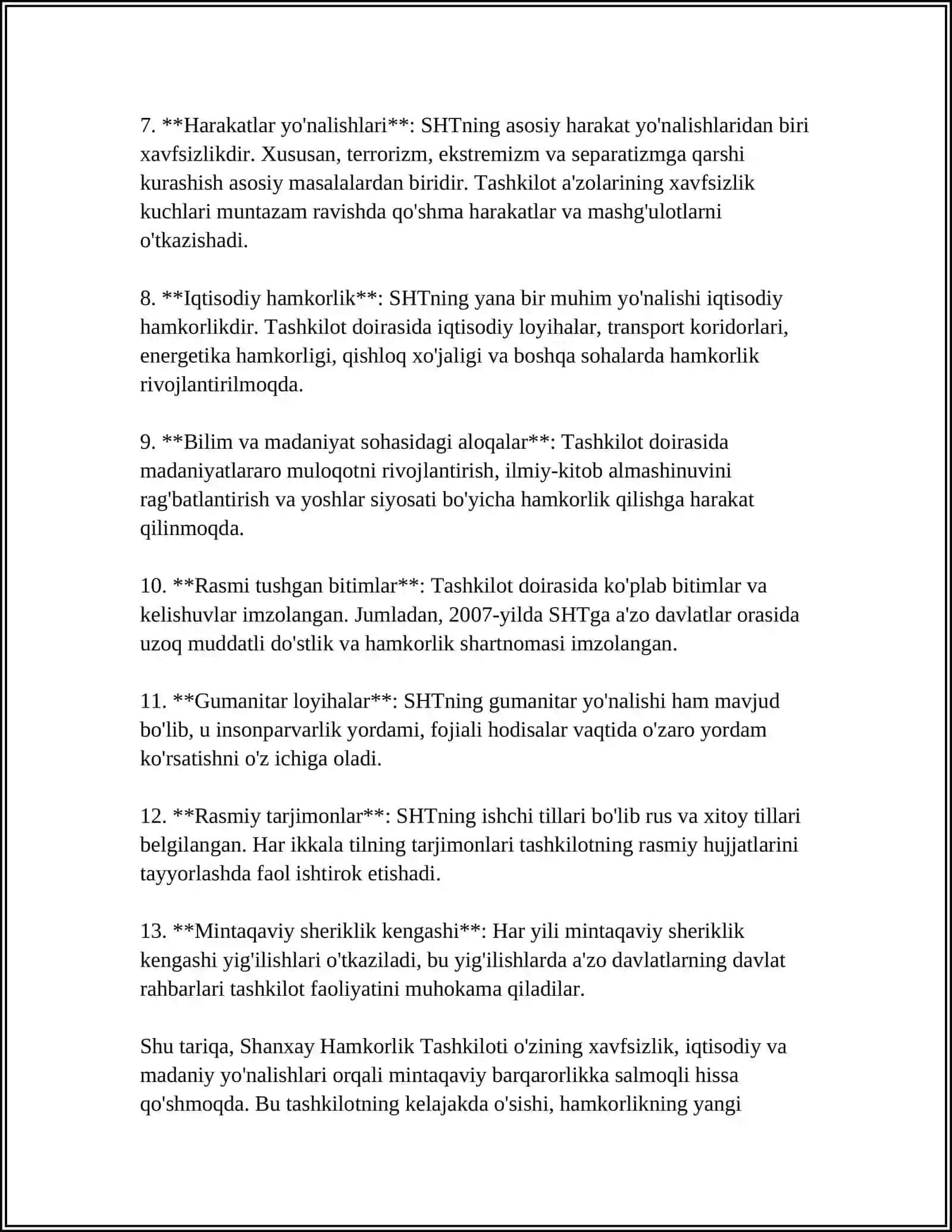 MARKAZIY OSIYODA XAVFSIZLIKNI TA'MINLASHDA SHANXAY HAMKORLIK TASHKILOTINING O'RNI VA ROLI 4