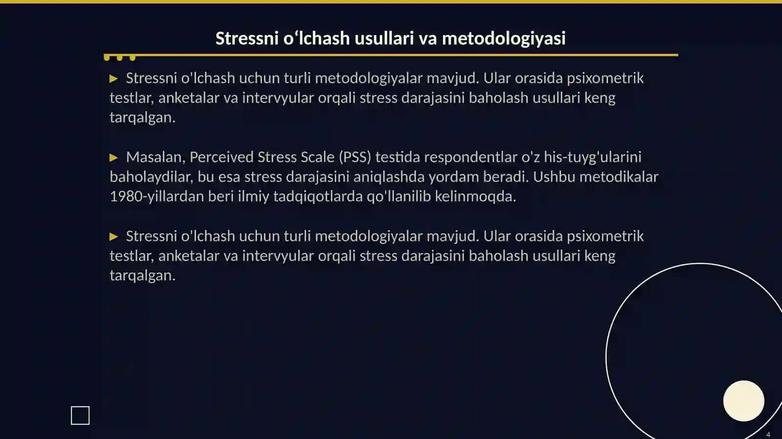 Emotsional xususiyatlarni o‘lchash va tahlil qilish. Stress va uning psixologik oqibatlari konsul’tatsiya metodikasi 4
