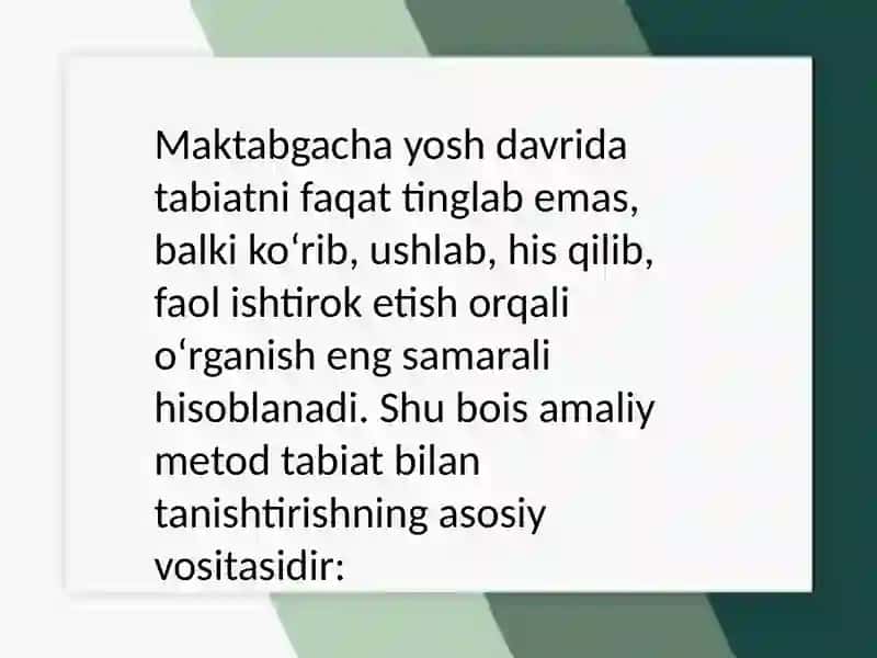 Maktabgacha yoshdagi bolalarni tabiat bilan tanishtirishning amaliy metodi 4