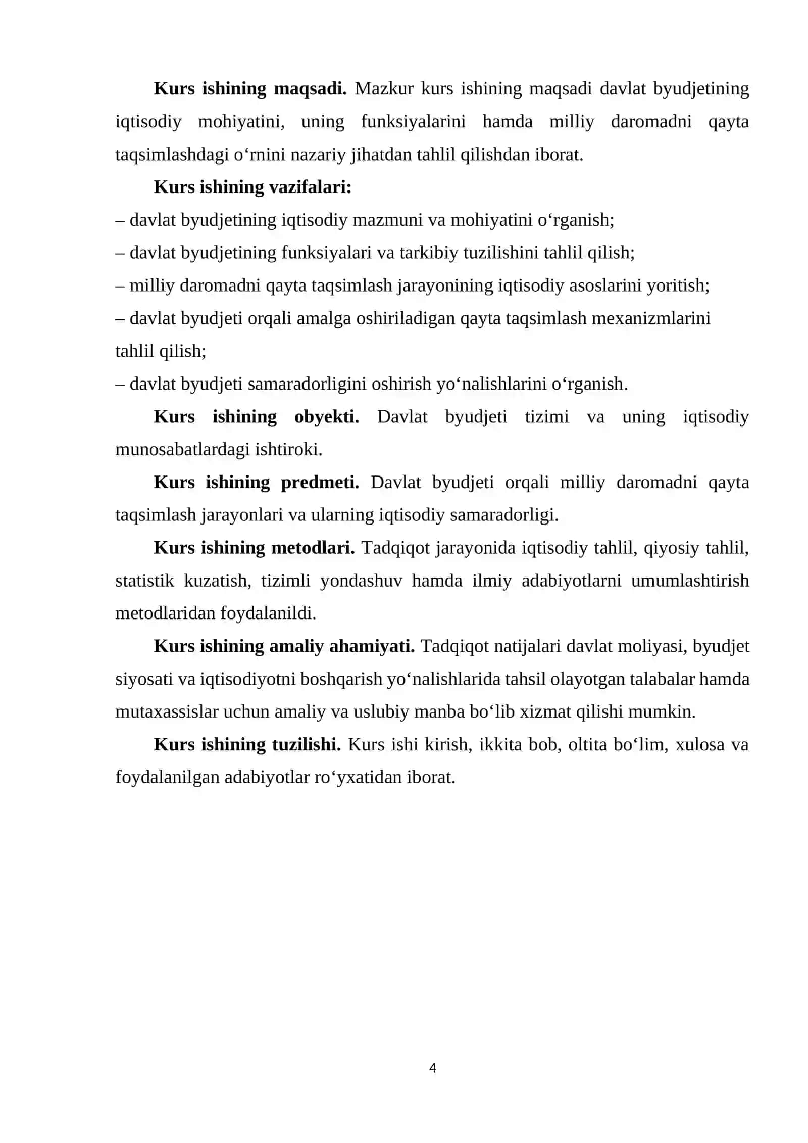 Davlat byudjeti va uning milliy daromadni qayta taqsimlashdagi o’rni 4