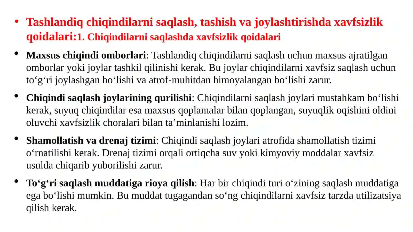 Boyitish jarayonining tashlandiq chiqindilarini saqlash, tashish va joylashtirish daxvfsizlik qoidalari 4