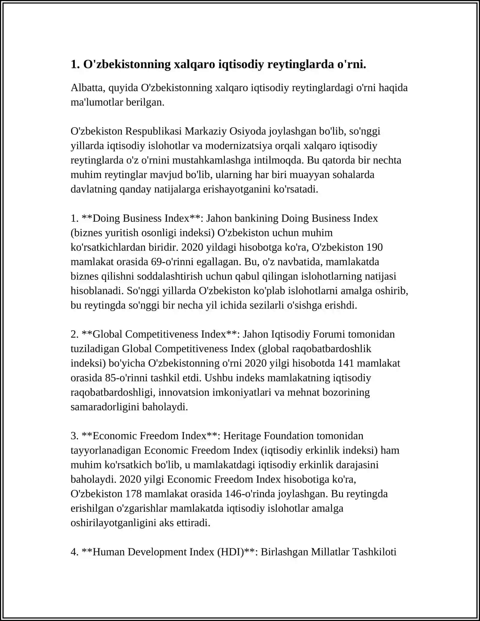 Mavzu: IQTISODIY VA IJTIMOIY SOHADAGI USTUVOR HALQARO REYTINGLAR VA ULARGA O'ZBEKISTONNING INTEGRATSIYALASHUVI 4