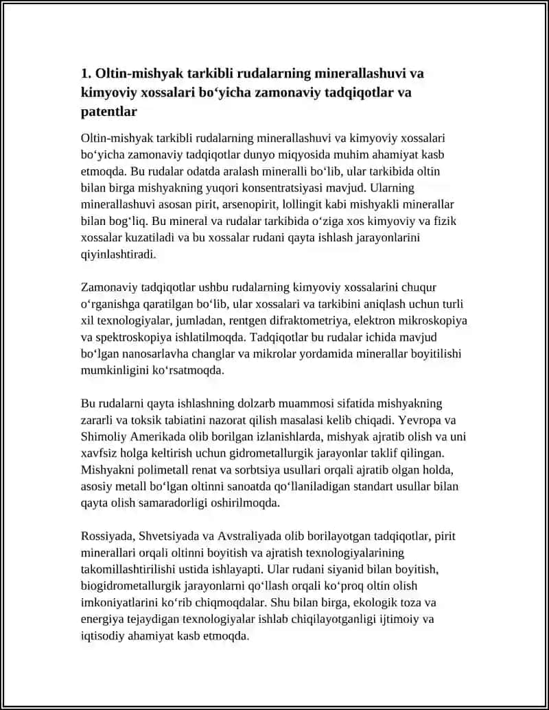 Oltin-Mishyak Tarkibli Rudalarning Minerallashuvi va Kimyoviy Xossalari Bo‘yicha Zamonaviy Tadqiqotlar va Patentlar 4
