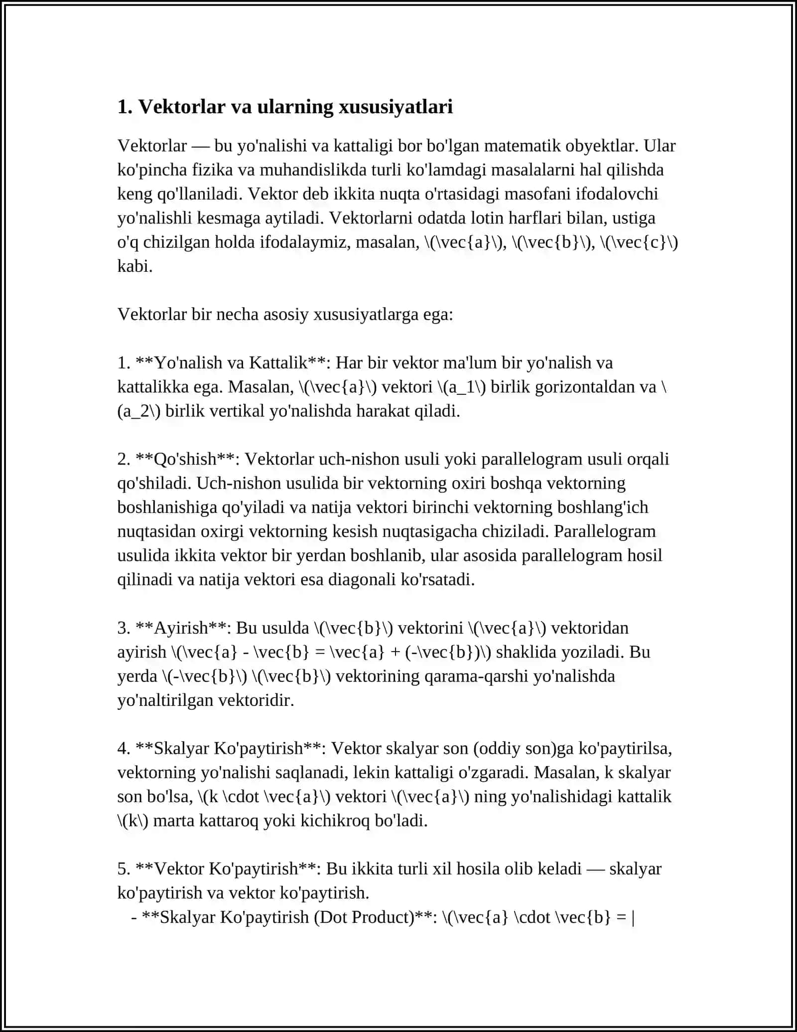VEKTORLARNING SKALYAR VEKTOR VA ARALASH KO'PAYTMALARI 4