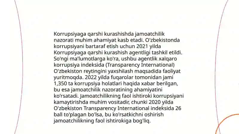 Korupsiyaga qarshi kurashish fuqarolik jamiyatini asosiy sharti 4