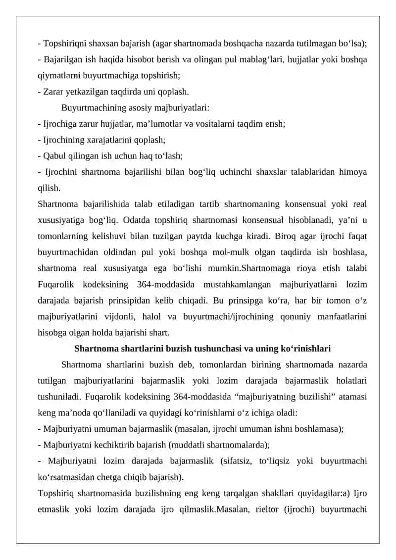 Topshiriq shartnomasi shartlarini buzganlik uchun javobgarlik va shartnomani bekor qilish asoslari 4