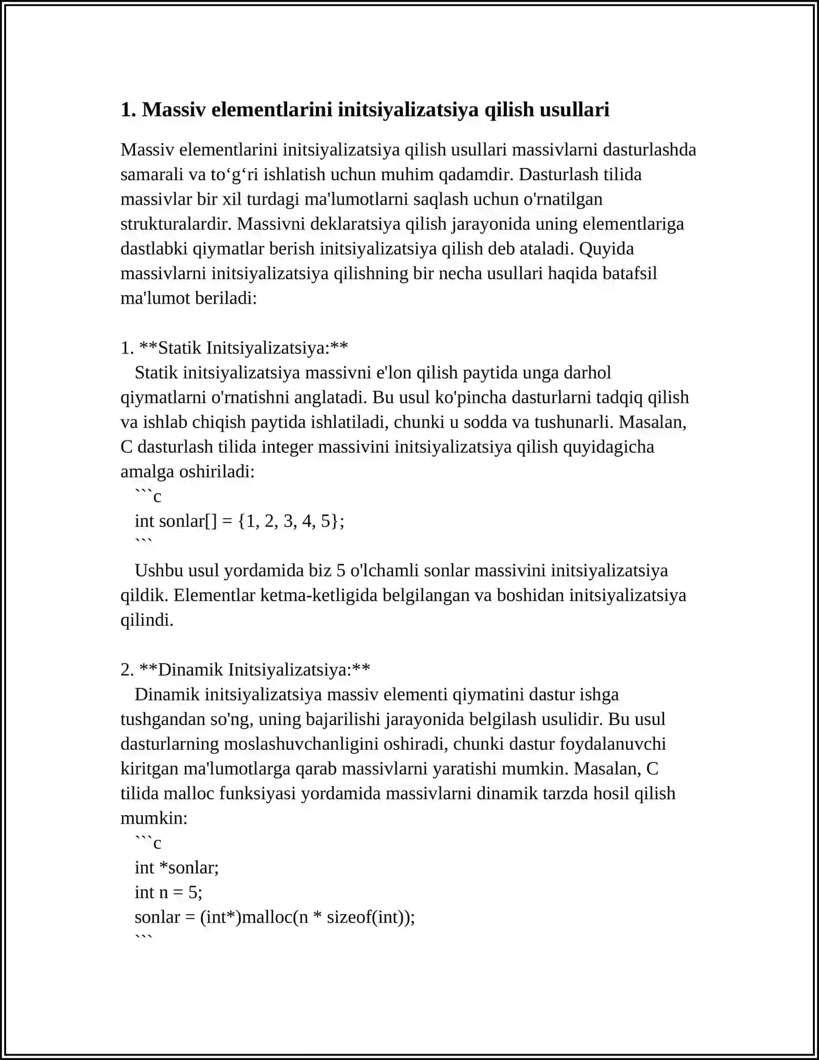 O’LCHAMLI KO’RSATILGAN MASSIV ELEMENTLARINI TO’LIQ INITSIYAZIATSIYALASH MAVZUSIDA 4