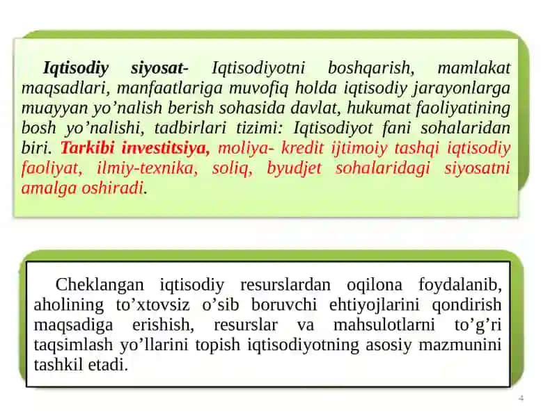 IQTISODIY SIYOSATGA KIRISHFANININGMAQSAD VA VAZIFALARI, IQTISODIY SIYOSATNING TARKIBIY JIHATLARI 4