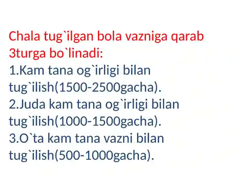 Homiladorlik muddatiga yetmasligi belgilari.Muddatiga yetmasdan tug’ilgan chaqaloqlar parvarishi.FPYE. 4