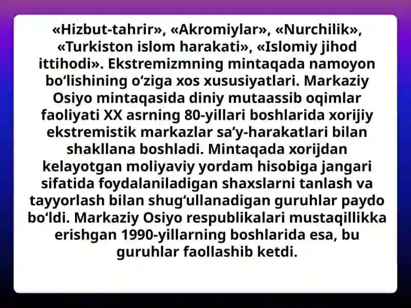 Ekstremizm va terrorizmga qarshi kurashning ma'naviy–ma'rifiiyasoslarifanidan "XX asrning ikkinchi yarmidaterrorchitashkilotlining kuchayishi" 4
