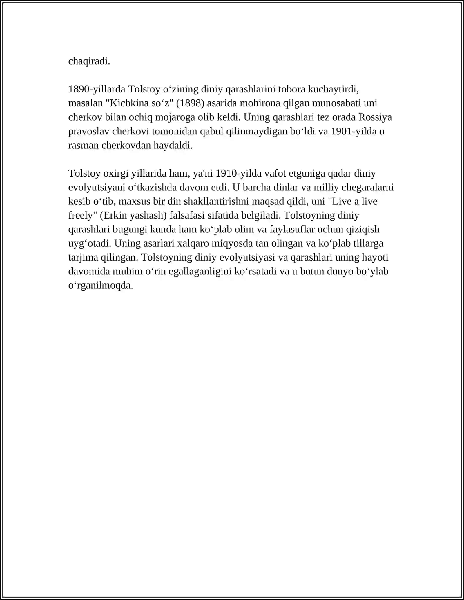 LEV TOLSTOYNING IQRORNOMA ASARIDAGI DINIY ETIQODLARINI TAHLIL ETISH 4