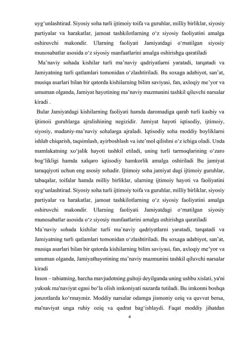 JAMIYAT, INSON VA MANAVIYAT MODDIY VA MANAVIY HAYOT MUSHTARAKLIGI. 4