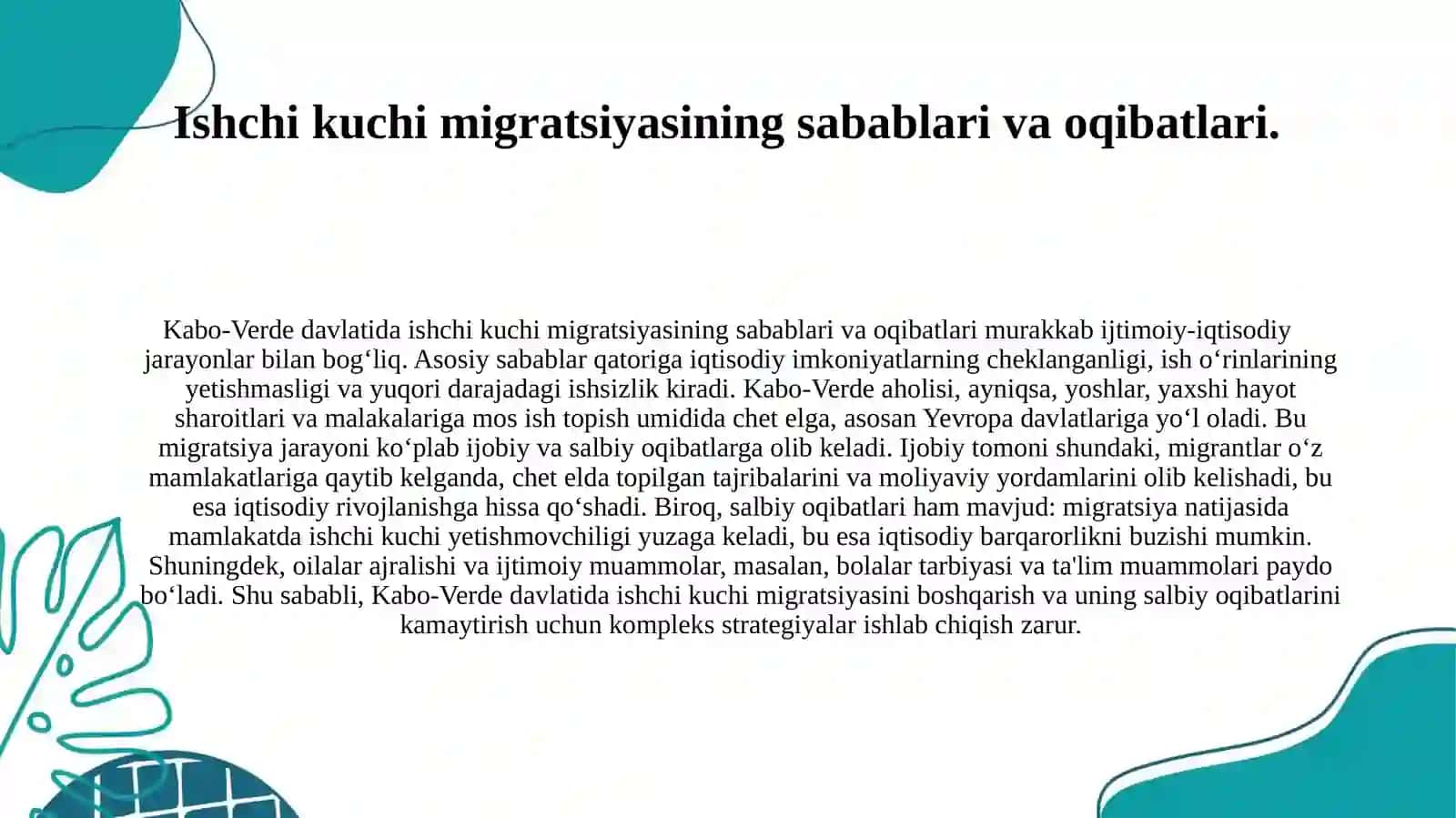 Kabo-Verde  davlatining oziq-ovqat muammosi, ishchi kuchi migratsiyasi va migratsiya  jarayonlaridagi muammolar tahlili 4