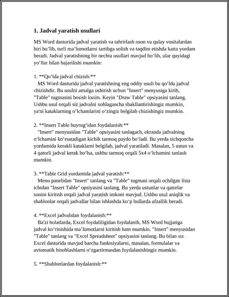 MS WORD DASTURIDA JADVALLAR YARATISH VA TAHRIRLASH 4