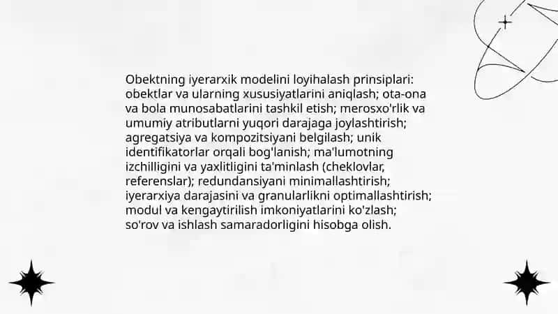 Obektning relyatsion, iyerarxik va semantik modellari asosida ishlab chiqarish va bir biridan taqqoslash 4