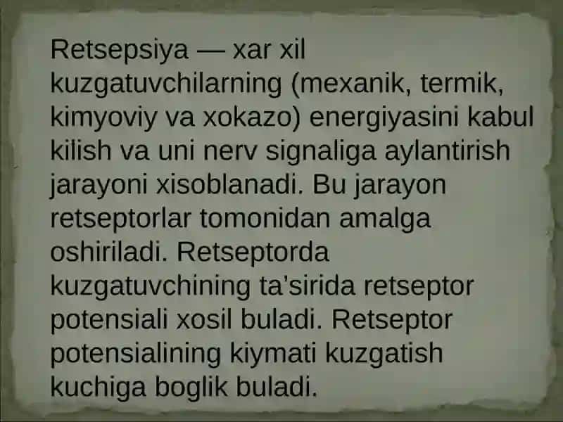 Retseptsiya, retseptor hujayralar tuzilishi va faoliyati 4