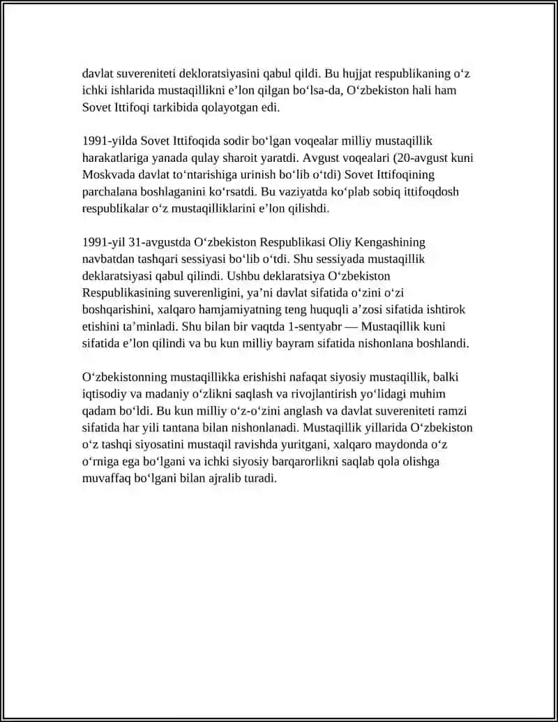 O‘ZBEKISTON MUSTAQILLEGINING E'LON QILINISHI 4