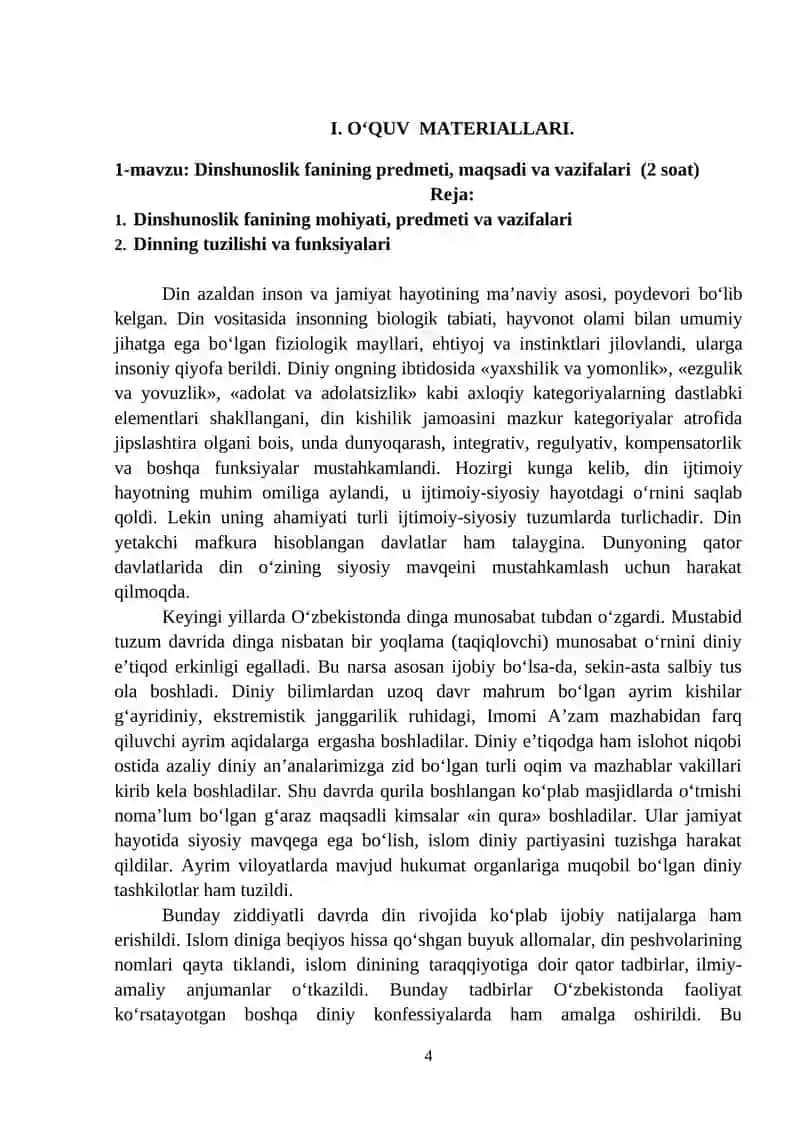 Dinshunoslik Fanini O'qitish Bo'yicha O'quv-Uslubiy Majmua 4