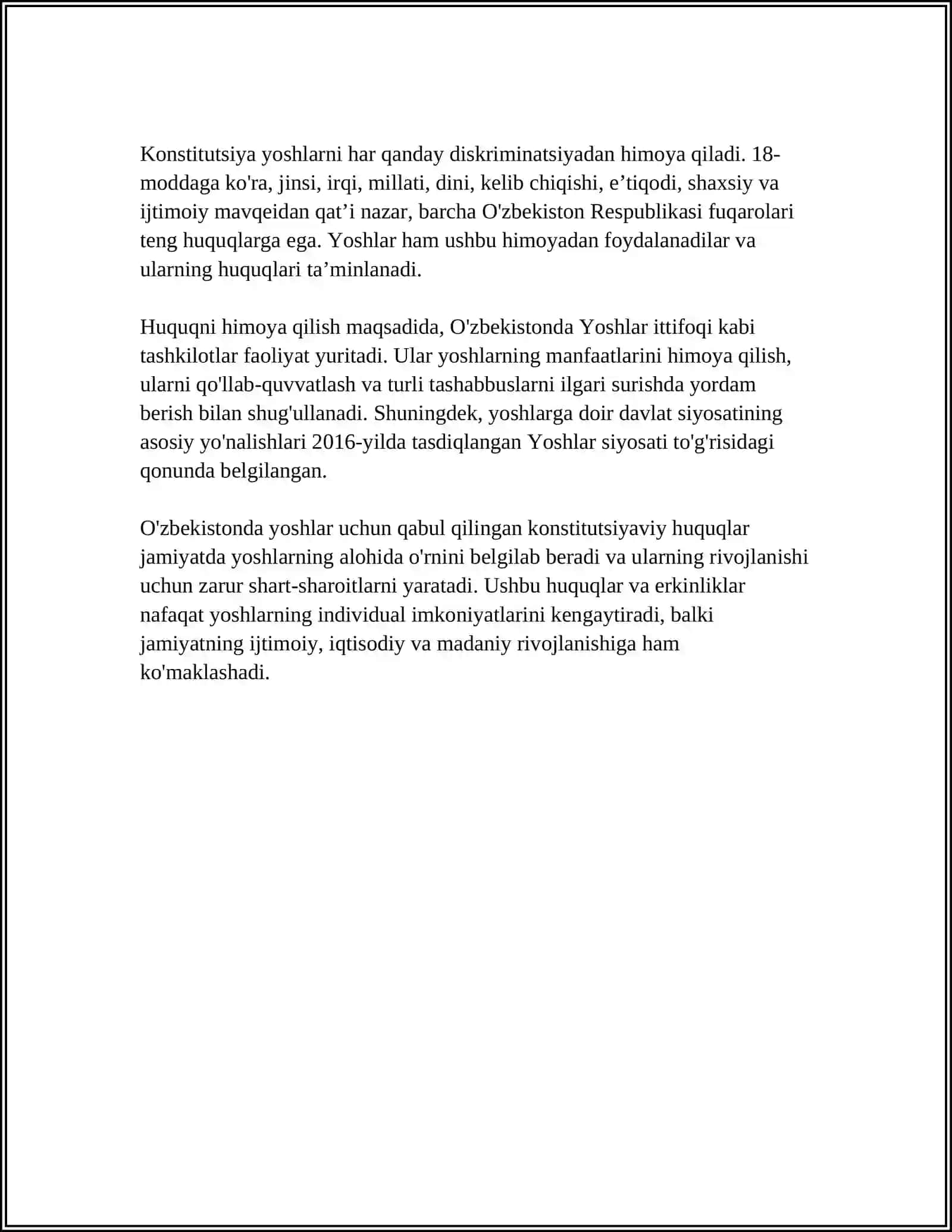 MUSTAQIL ISH Mavzu: OILA BOLALAR YOSHLARGA OID KOSTUTSIYAVIY HUQUQIY ASOSLARI 4