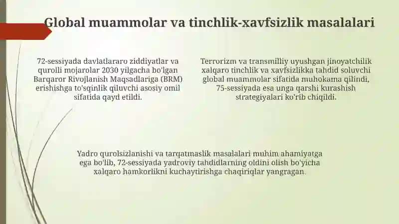 Assambleyasining 72 va 75 sessiyalaridagi nutqlari va uning mazmuni 4