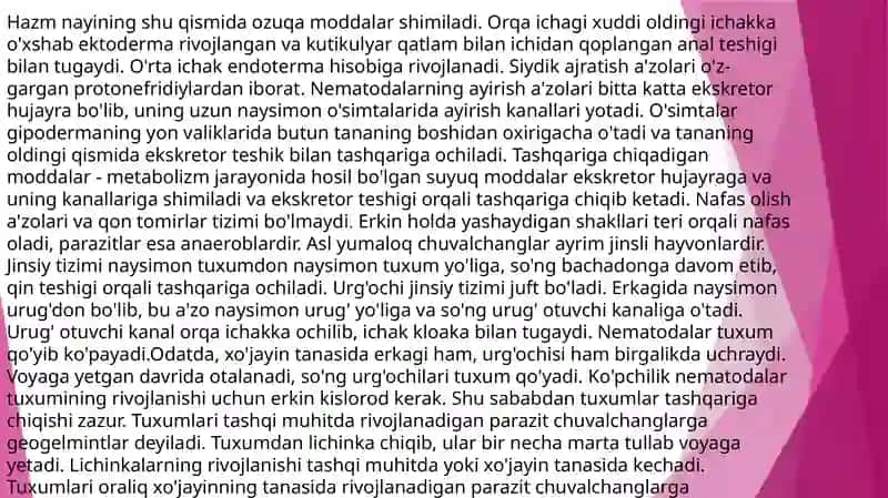Yumaloq chuvalchanglar:askarida, ostritsa, filyariya, trixinella, egri(qiyshiq)boshli gijja, rishta, qil boshli gijja 4
