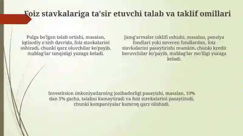 Pul va kapital bozorlarida foiz stavkalarining shakllanishi va unga ta’sir etuvchi omillar 4