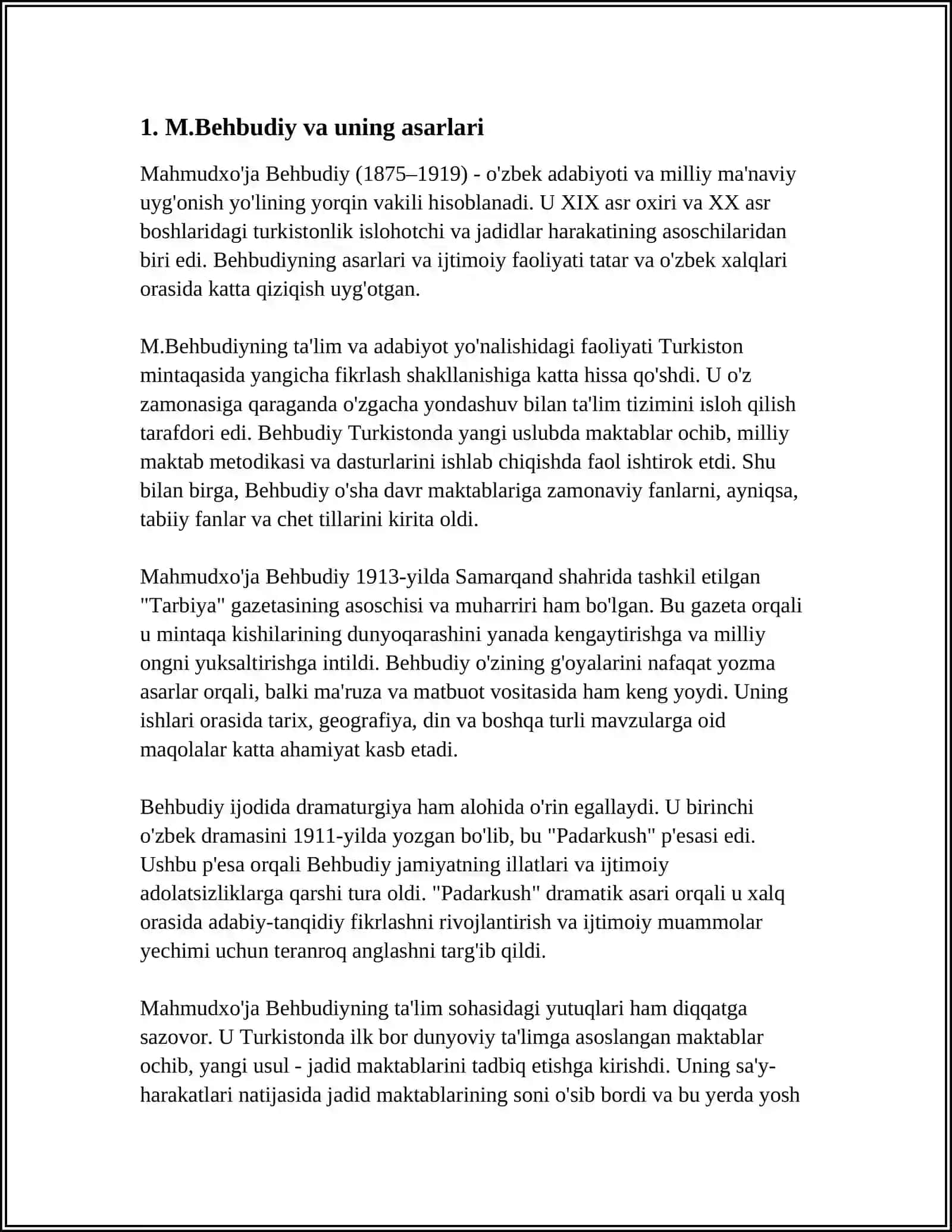 M.Behbudiyning “Yoshlarga murojaat” va “Muhtaram yoshlarga murojaat” maqolalarini tahlil etish va esse tayyorlash 4