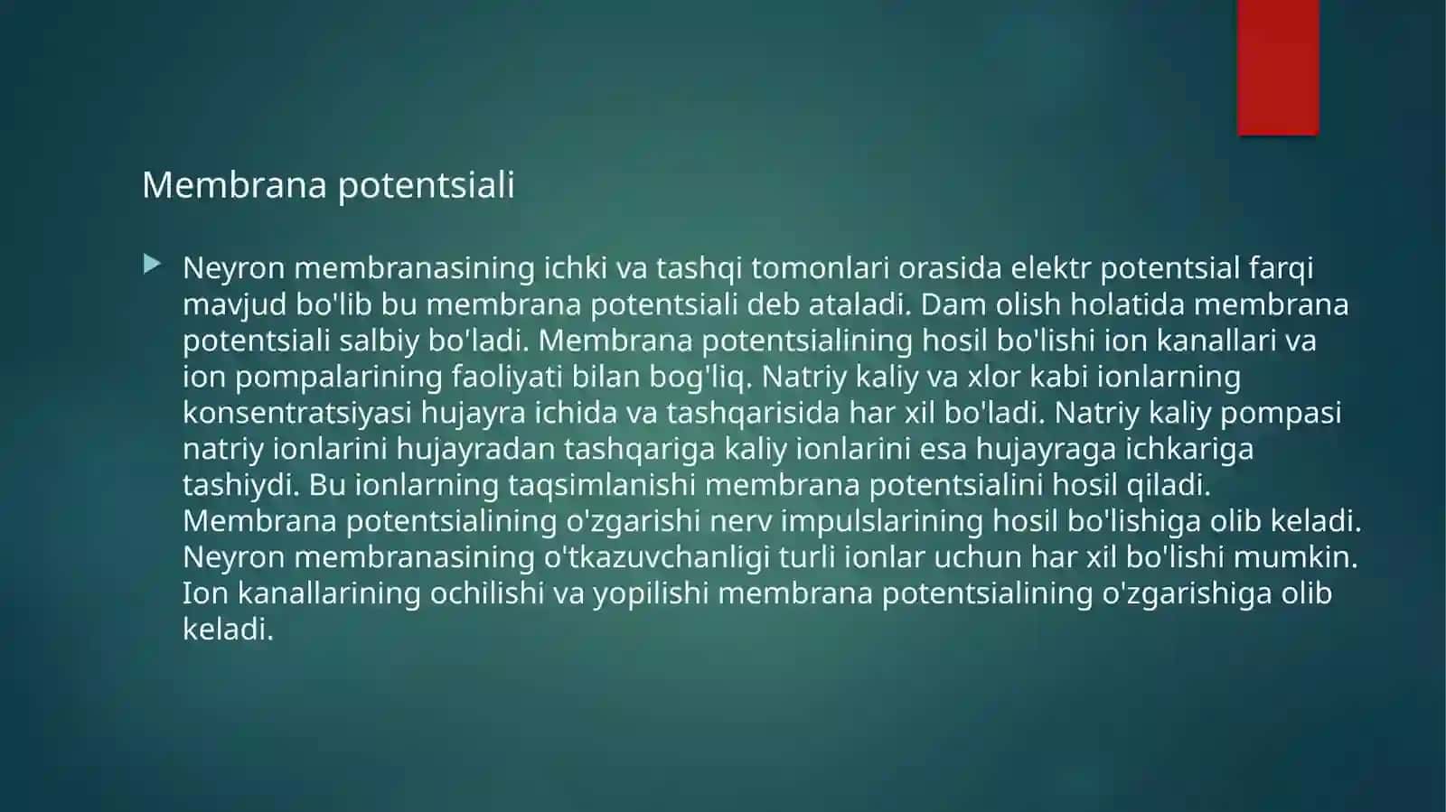 Neyronlarda nerv impulslarini hosil bo‘lish mexanizmi.Nerv tolalari bo‘ylab qo‘zg‘alishning o‘tish mexanizmi. 4