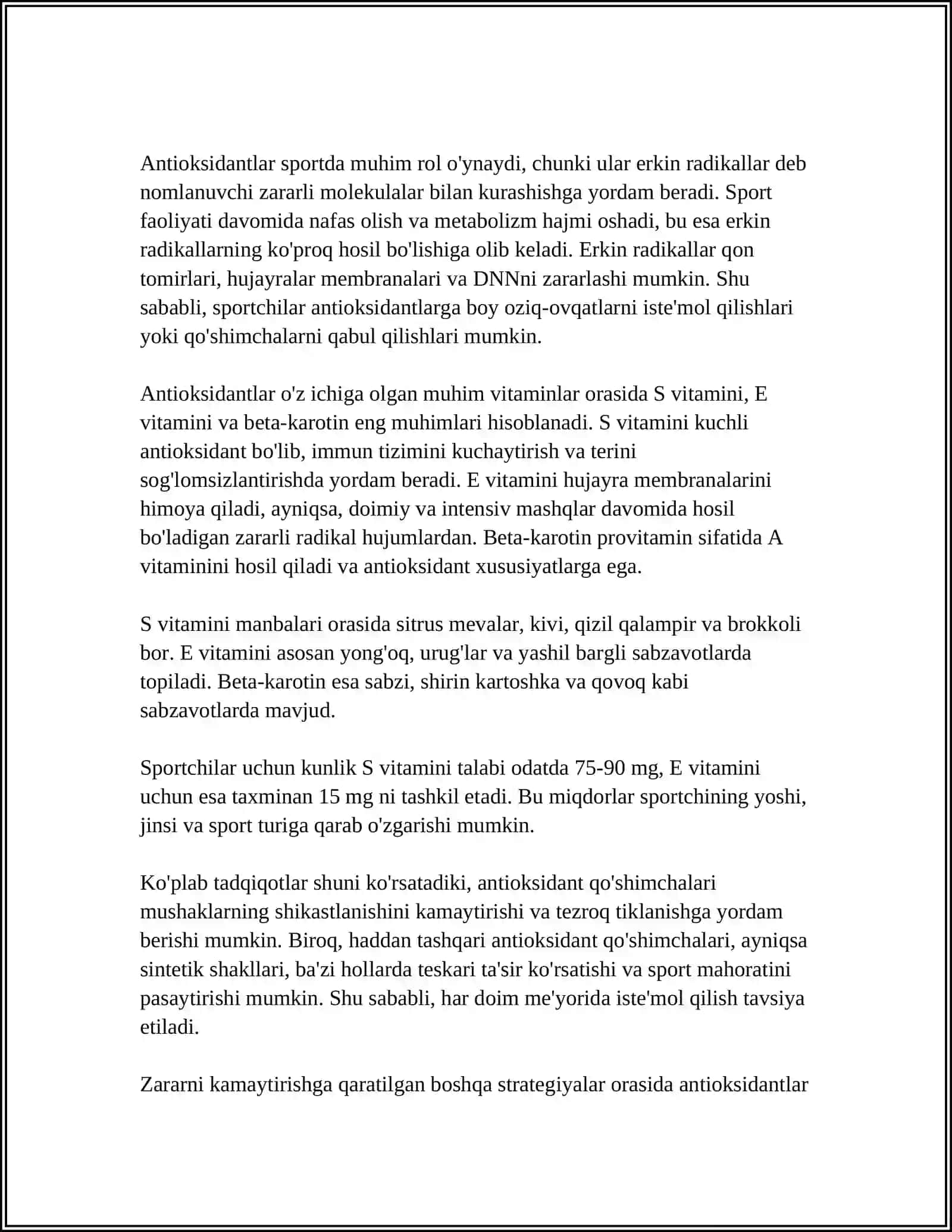 SPORT FARMAKOLOGIYASIDA QO‘LLANILADIGAN VOSITALAR.ANTIGIPOKSANTLAR, ANTIOKSIDANTLAR VA ADAPTOGEN PREPARATLAR 4