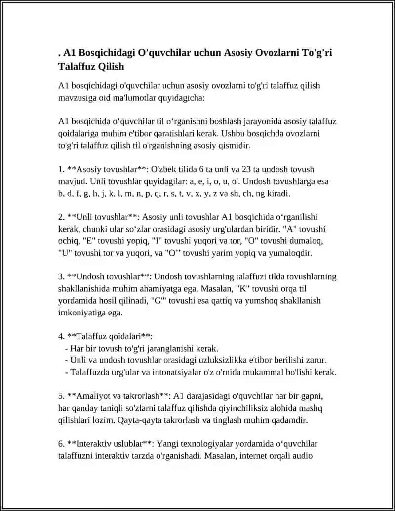 A1 DARAJADAGI O'QUVCHILARGA TALAFFUZINI O'RGATISH(1-4-SINFLAR)A2 DARAJADAGI O'QUVCHILARGA TALAFFUZINI O'RGATISH(5-9-SINFLAR) 4