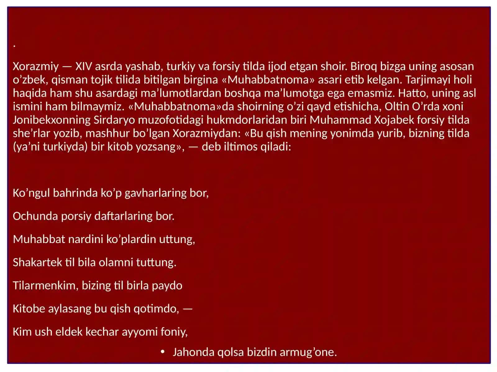 OLTINOʻRDAADABIYOTIYOZMAYODGORLIKLARIDAN"MUHABBATNOMA","GULISTONBIT-TURKIY"ASARLARININGTILXUSUSIYATLARI 4