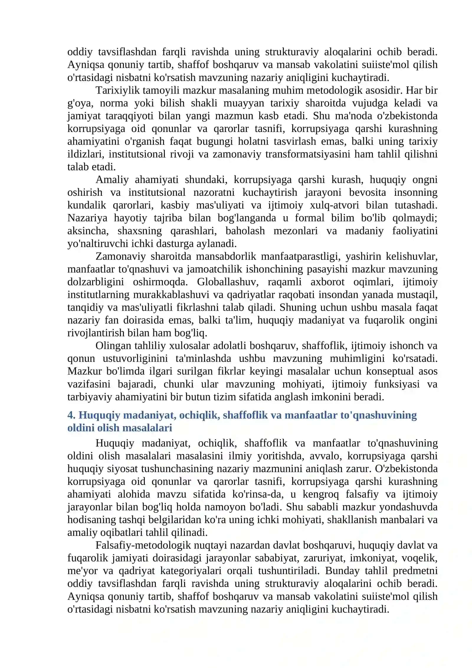O'ZBEKISTONDA KORRUPSIYAGA OID QONUNLAR VA QARORLAR TASNIFI, KORRUPSIYAGA QARSHI KURASHNING AHAMIYATI 4