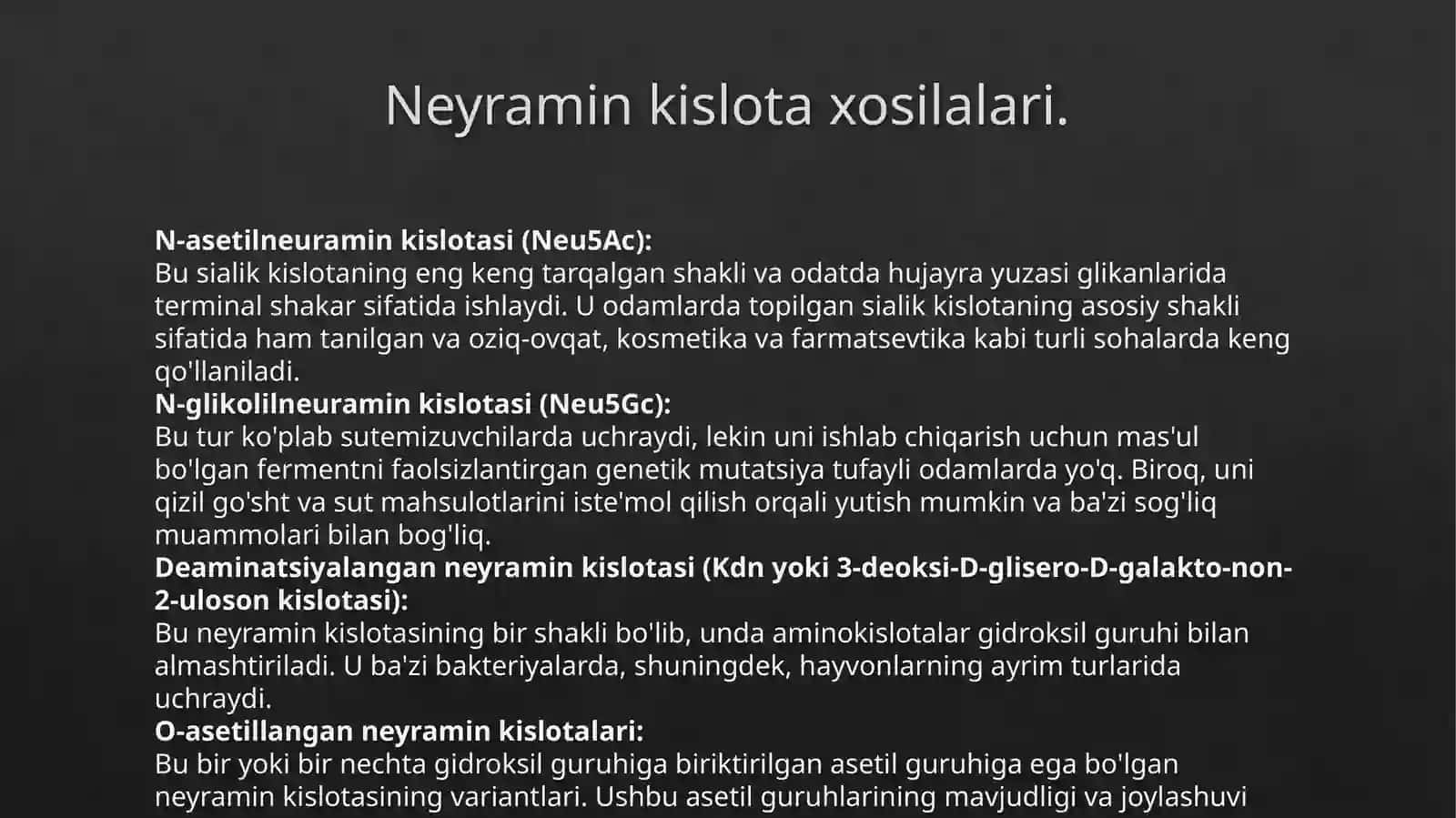 Neyramin kislota va uning xosilalarining tuzilishi va biologik xossalari. Sial kislotalar. 4