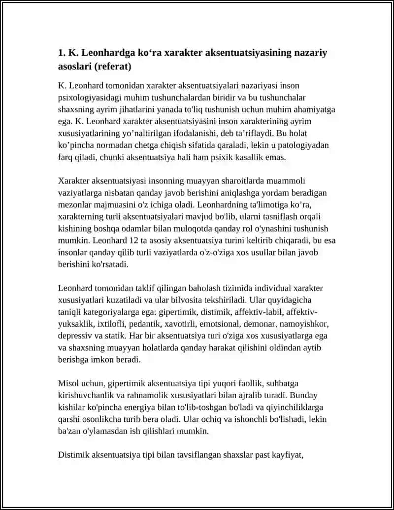 XARAKTER AKSENTUATSIYASI. MULOQOT USLUBLARINI BAHOLASHDA AKSENTUATSIYA-NING MA’LUM TIPLARI. K. LEONGARD BO‘YICHA 4