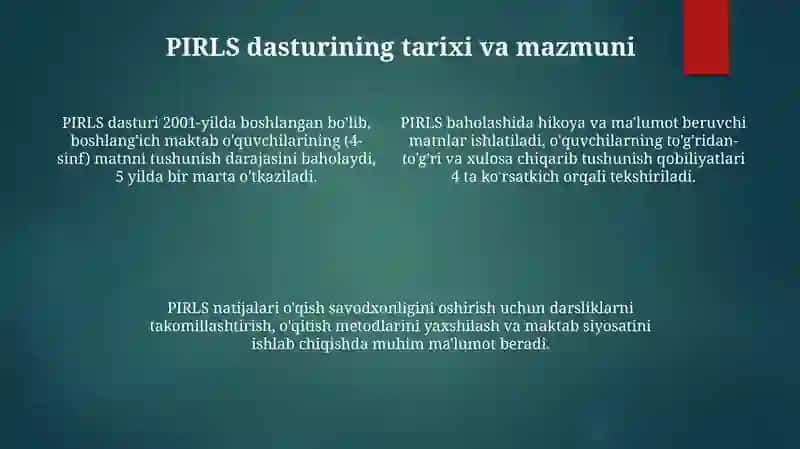 PIRLS, TIMSS, PISA TALIS xalqaro baholash dasturining vujudga kelish tarixi va mazmun va mohiyati 4