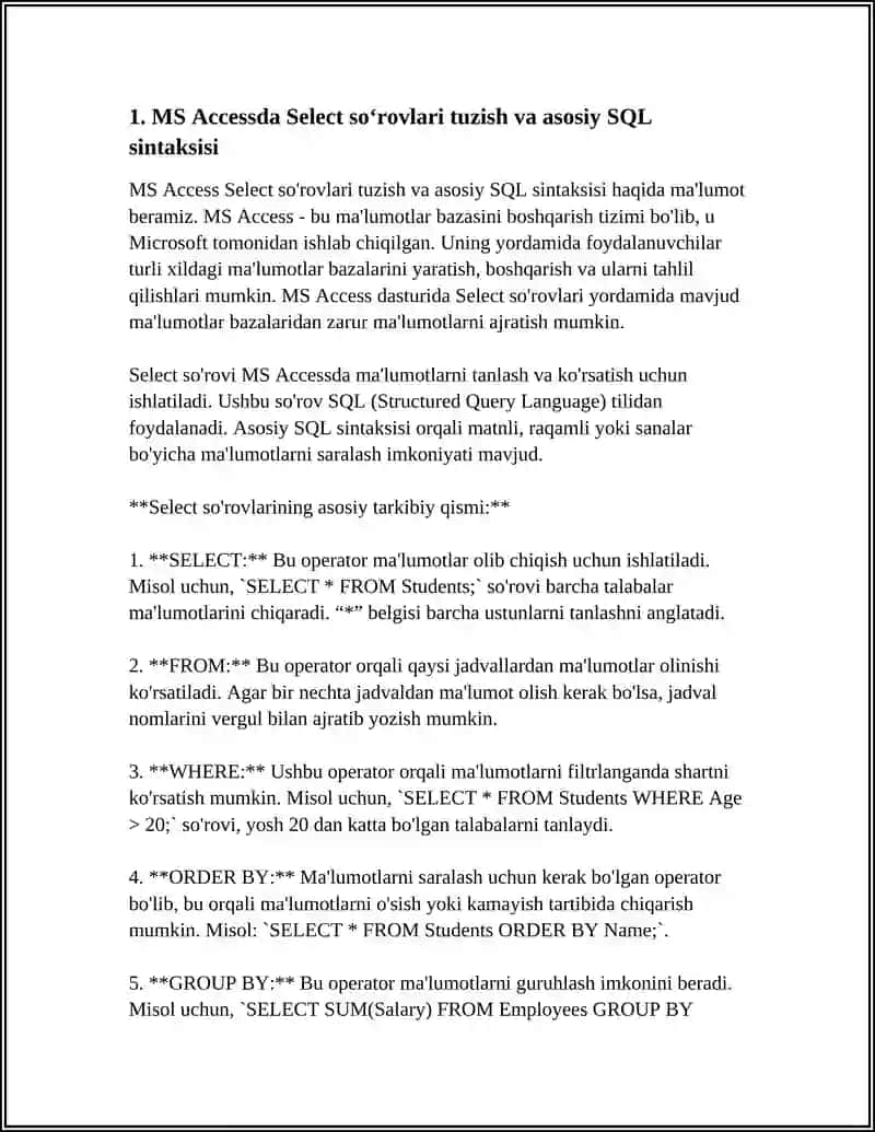 MS ACCESS MUHITIDA TURLI SOʻROVLAR YARATISH VA SQL SOʻROVLAR TILI 4