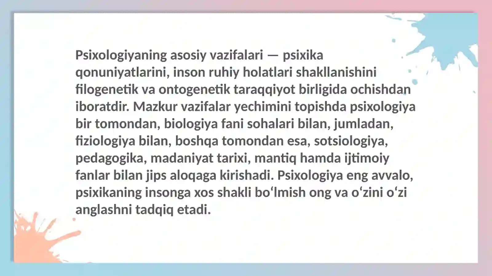 Psixologiya fanining predmeti maqsadi va vazifalari. Psixologiya fanining obyekti va ilmiy tadqiqot metodlari. Tibbiyot xodimi faoliyatida psixologik bilimlarni ahamiyati 4