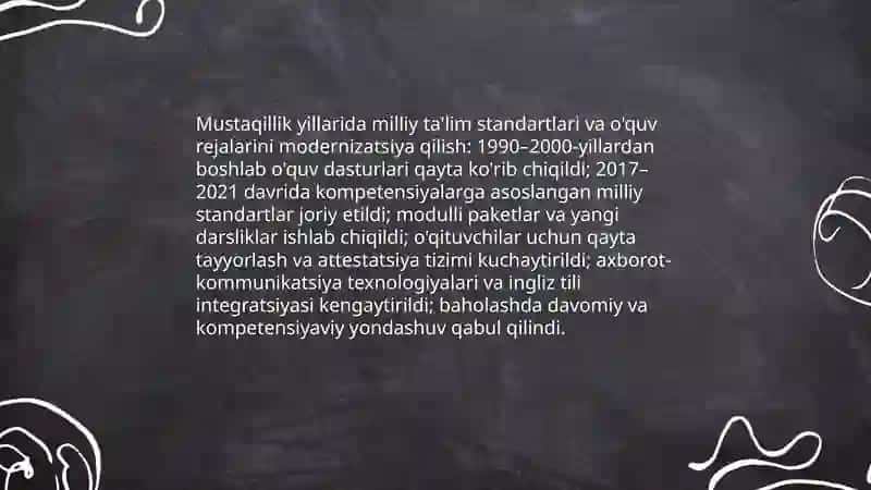 Mustaqillik yillarida òzbekiston respublikasida talim sohasida amalga oshirilgan yangiliklar 4