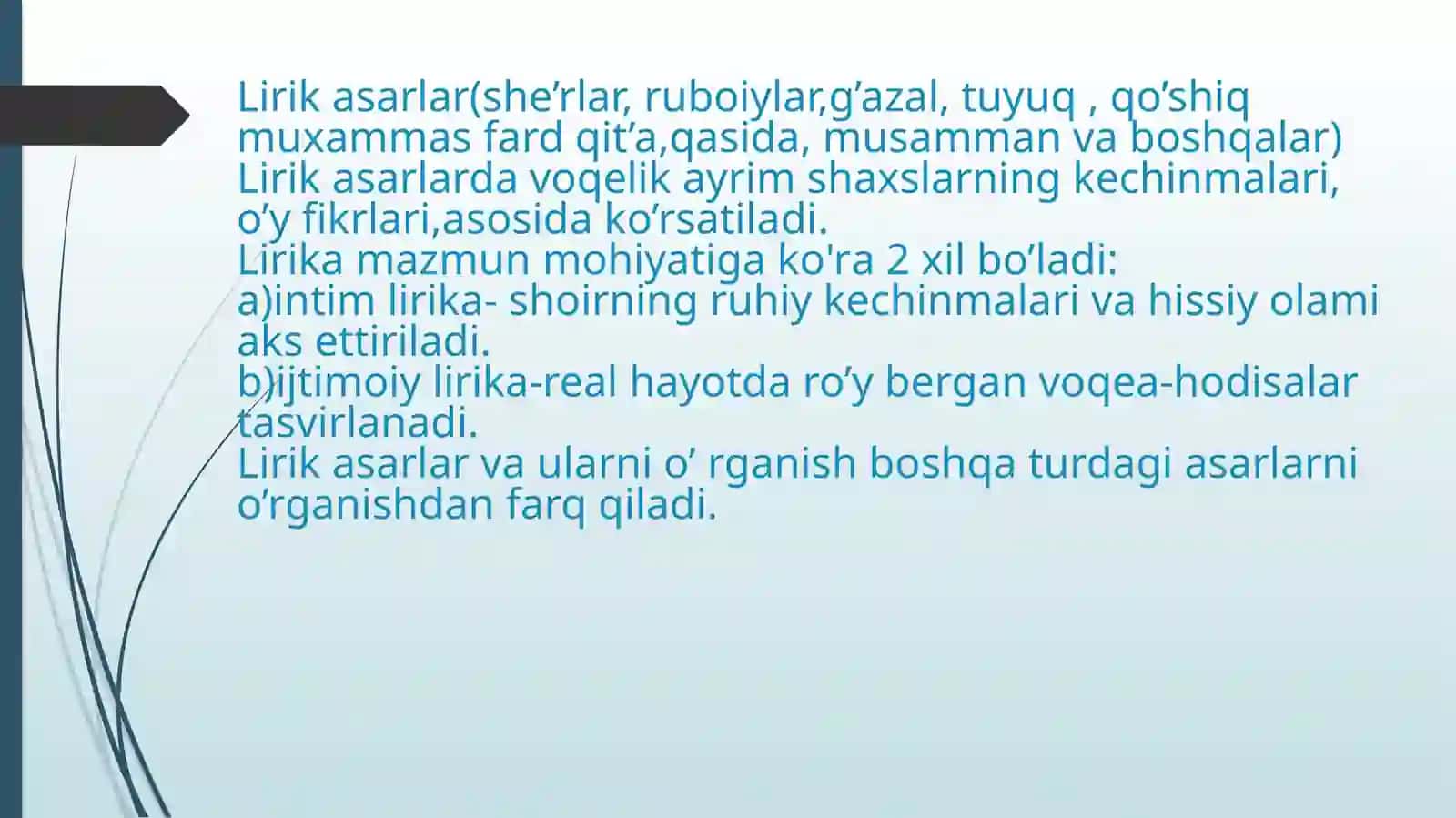 Lirik va epik asarlarni tahlil qilish usullari. Dramatik asarlarni o'quv tahliliga tortish yo'llari 4
