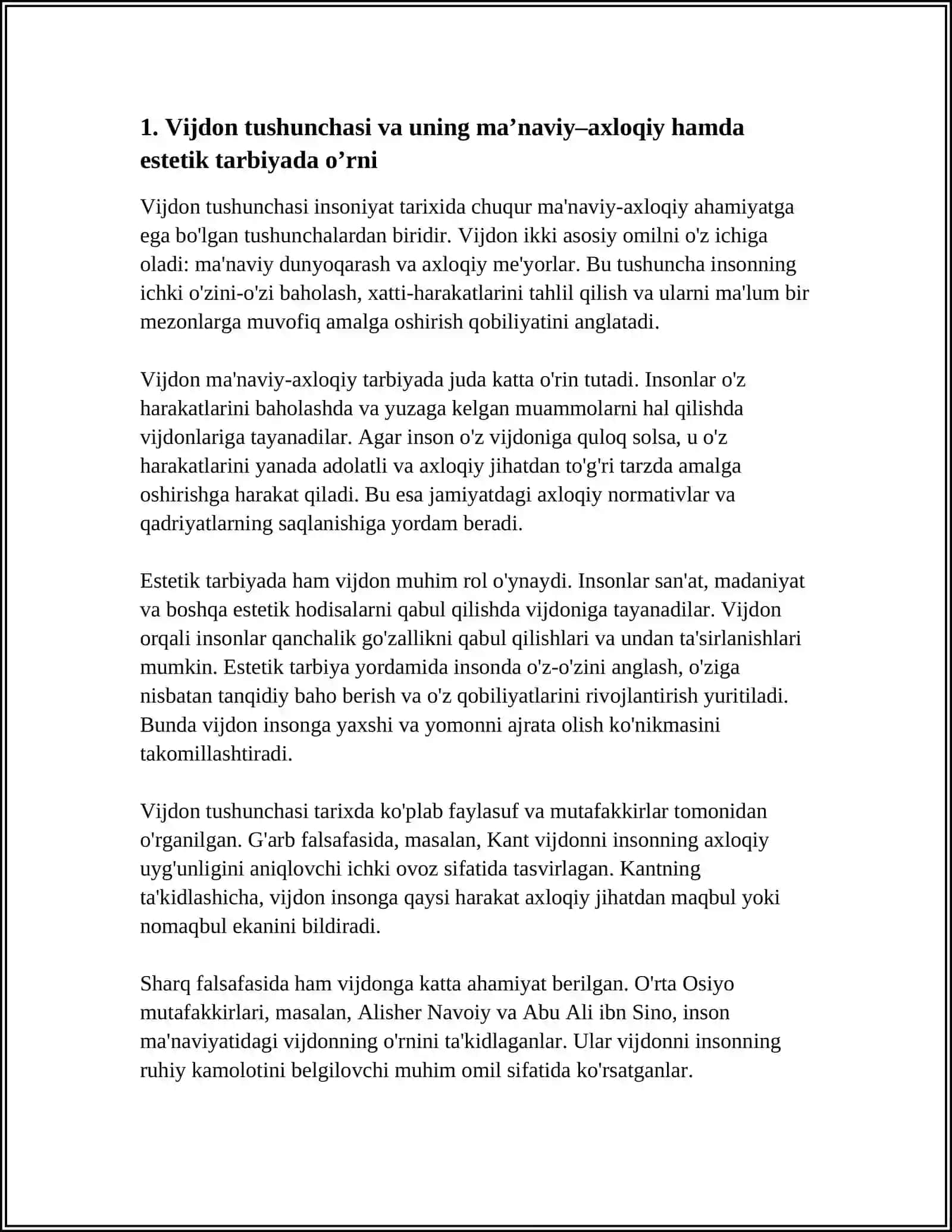 SHAXSNING MAʼNAVIY –AXLOQIY VA ESTETIK KOMOLOTIDA BARCHA MASALALAR VIJDON UYGʼOQLIGI MASALASI 4