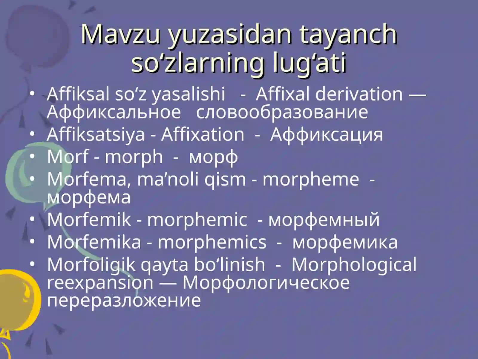 Morfemika haqida ma`lumot. So`zning morfemik tarkibi 4