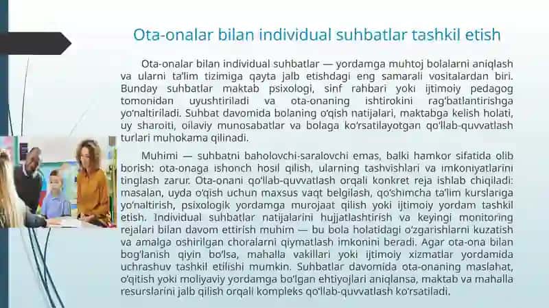 Yordamga muhtoj bo'lgan bolalarni ta'lim tizimiga jalb etishda ota-onalar, oila va jamoatchilik bilan ishlash. 4