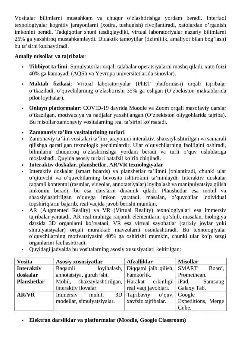 Zamonaviy ta’lim vositalarining turlari va o’quv jarayonida ta’lim vositalaridan foydalanish metodikasi bilan tanishish 4