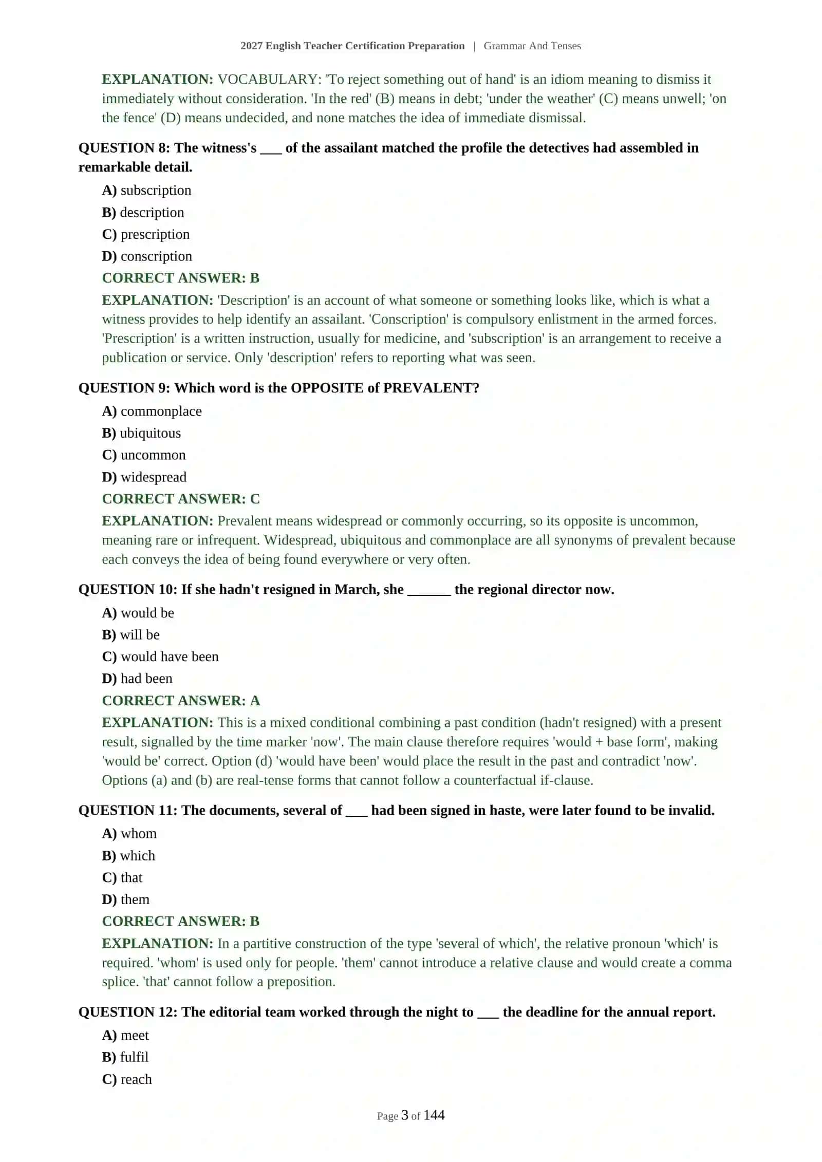 ADVANCED ENGLISH TEACHER CERTIFICATION - GRAMMAR AND TENSES - 2027 CERTIFICATION PREPARATION (600 QUESTIONS) 4