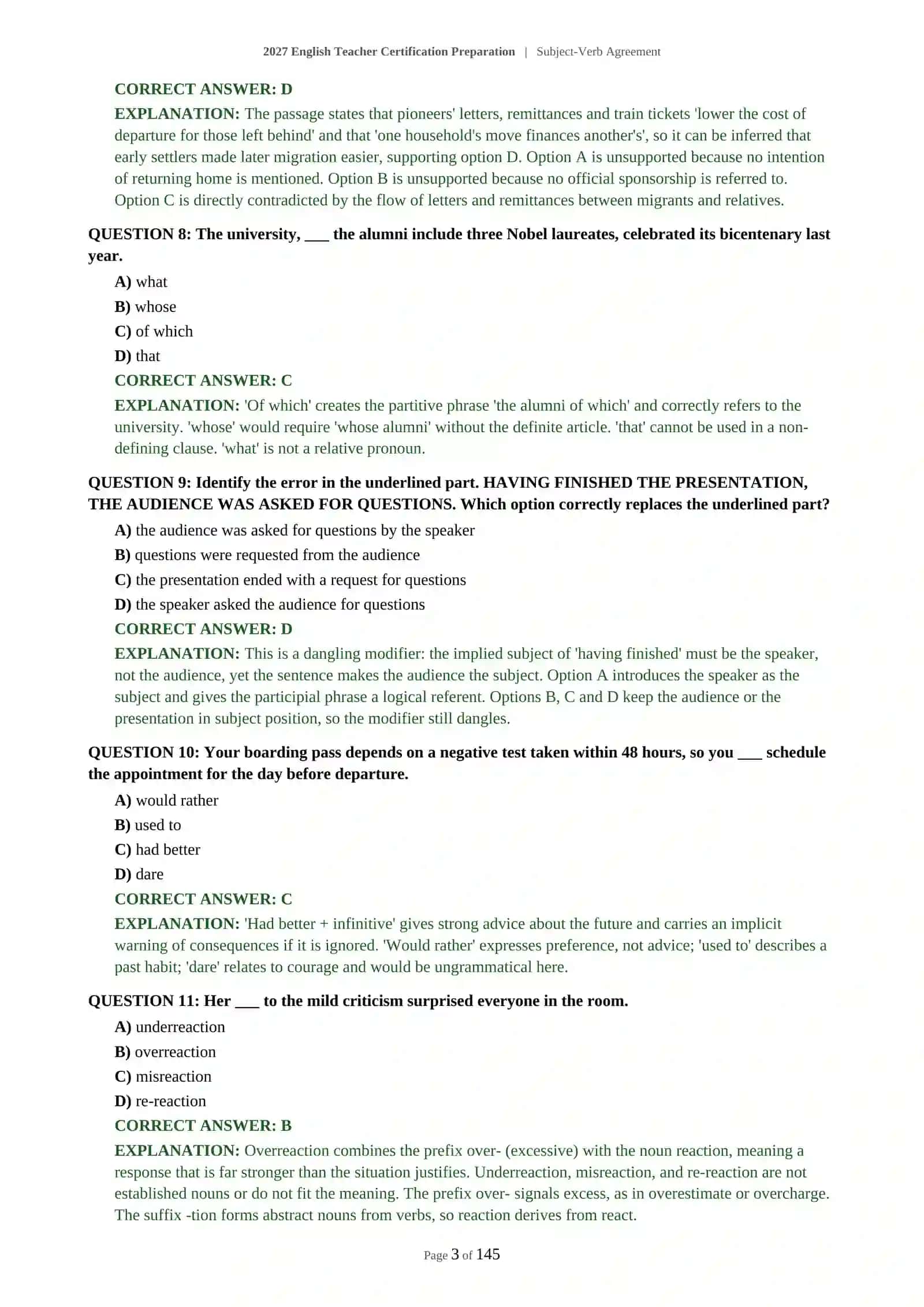 Subject-Verb Agreement Certification Preparation 4