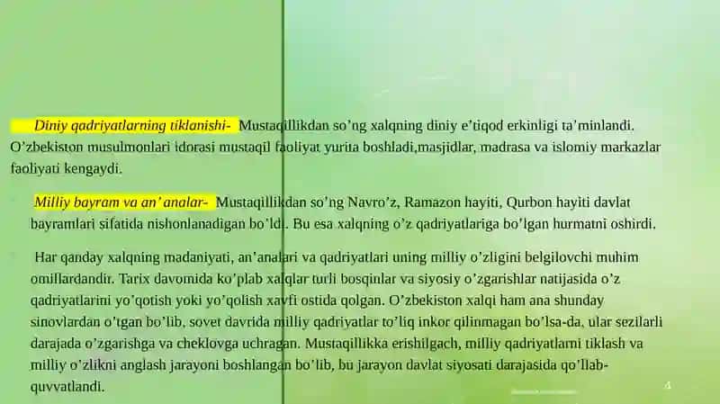 Mustaqillik yillarida etnomadaniy qadriyatlarimizning tiklanishi. 4